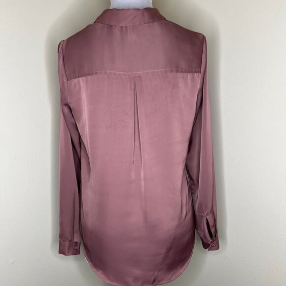 L’Academie Revolve Peasant Top SMALL Mauve Plunge Satin Long Sleeve Collared - Picture 3 of 11